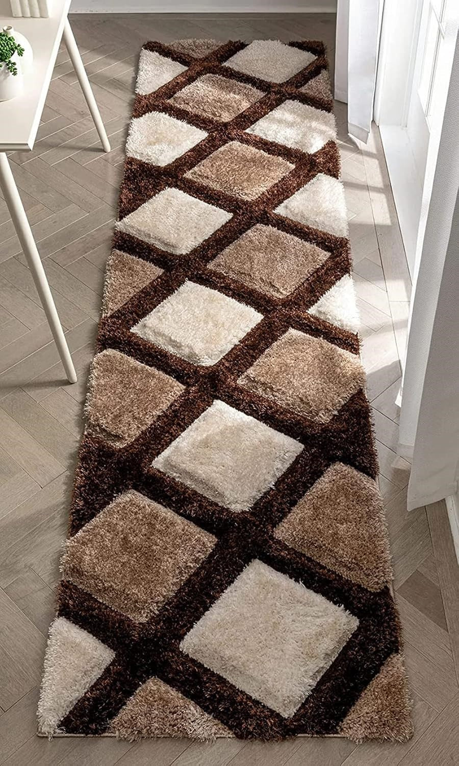 Brown & White Modern Geometric Shaggy Rug & Carpet