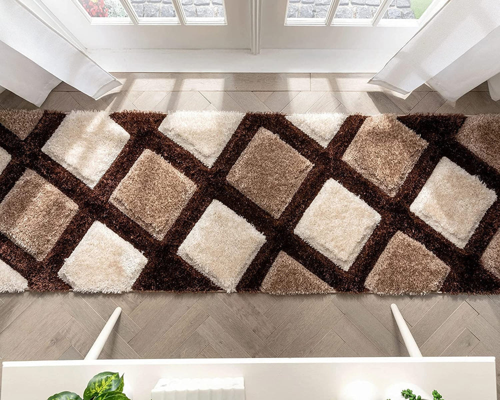 Brown & White Modern Geometric Shaggy Rug & Carpet