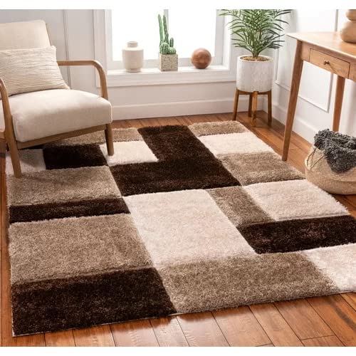 Black & Brown Square Design Soft & High Pile Shaggy Rug & Carpet