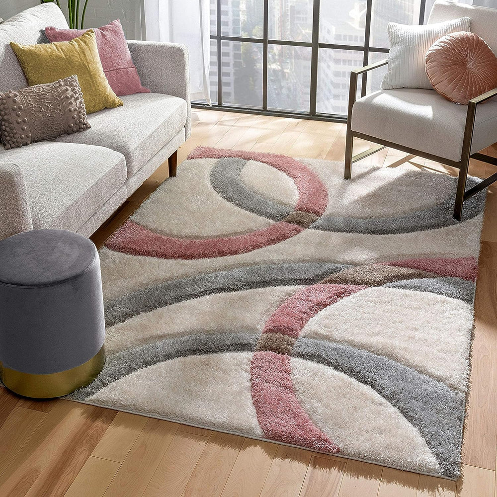 Dusty Rose & Modern Circular Pattern Shaggy Rug & Carpet