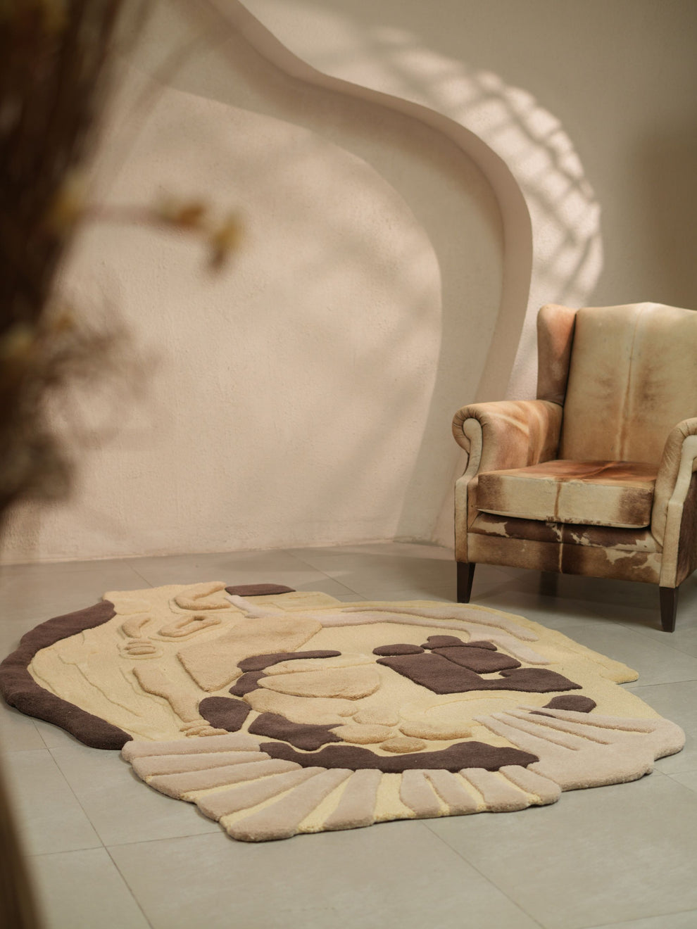 Beige & Brown Abstract Unshaped Hand Tufted Carpet