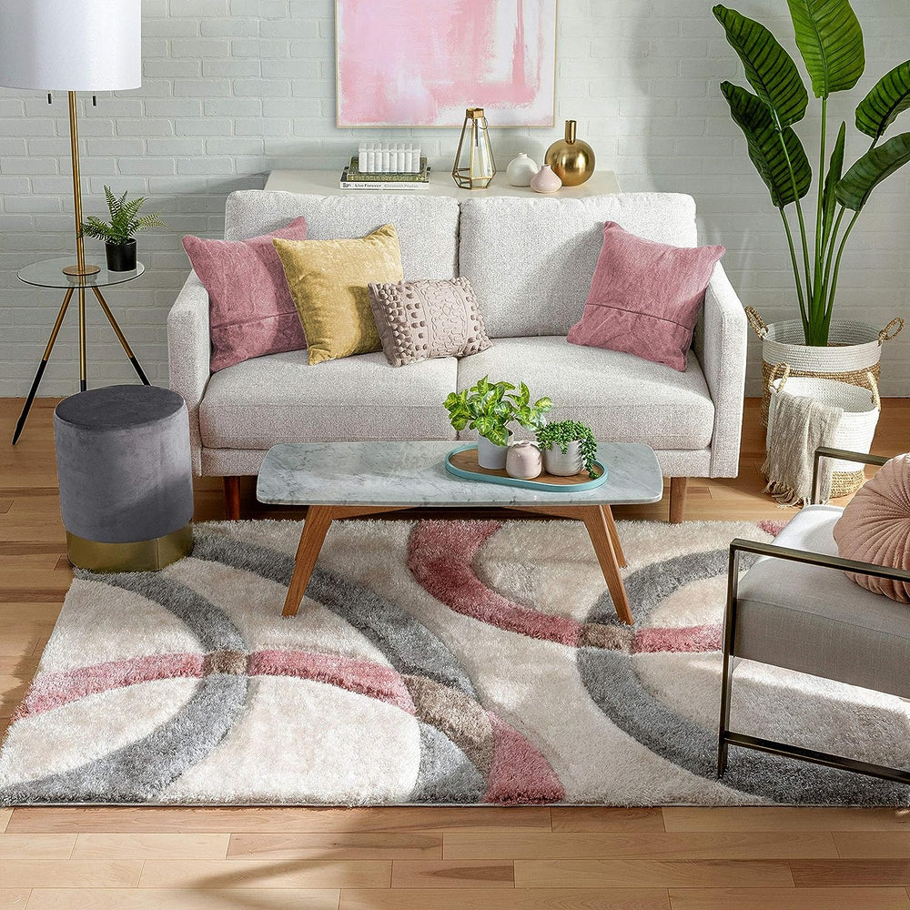 Dusty Rose & Modern Circular Pattern Shaggy Rug & Carpet