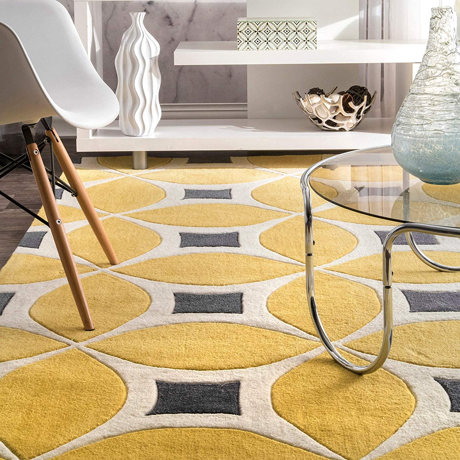 Yellow Modern Circle Geometric Pattern Hand Tufted Carpet